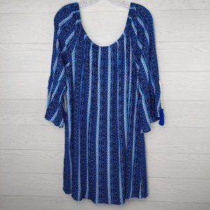 AS U WISH Boho Mini Dress XL Blue 3/4 Sleeve Aztech Tassels